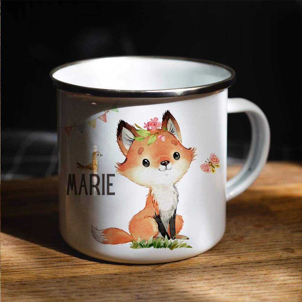 Personalized Name Forest Animals Fox Girl Gift Enamel Mug Daughter Birthday Gift Milk Cup Modern Printed Enamel Mug