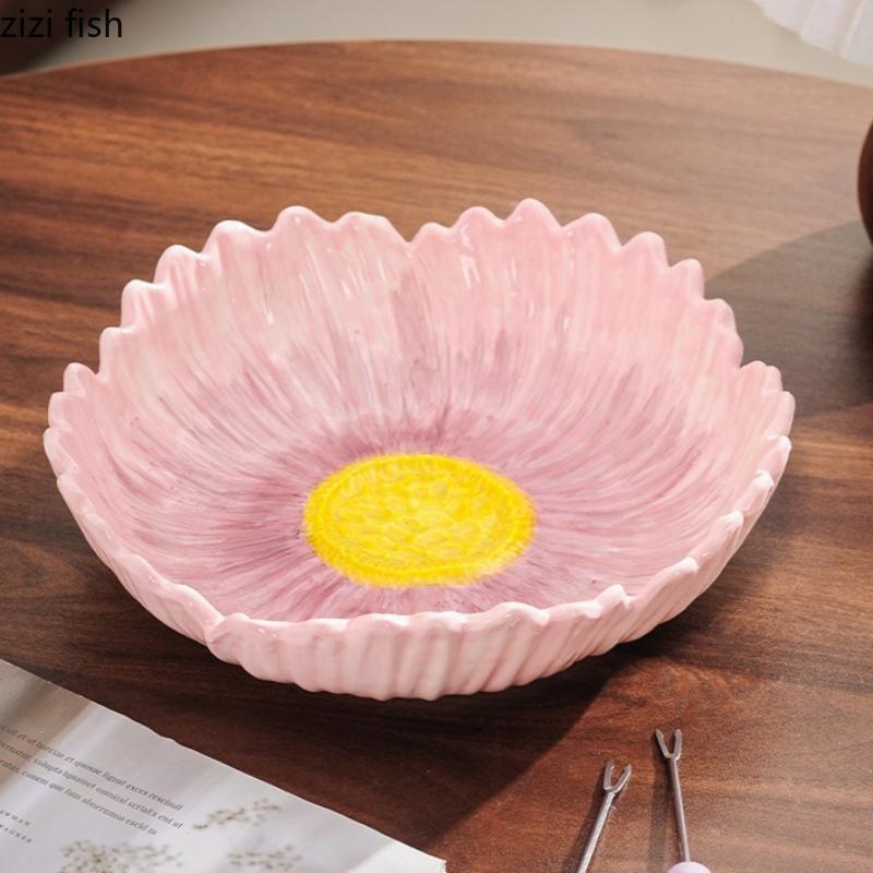 Flower Shaped Ceramic Fruit Plate Dessert Plate Salad Bowl Decorative Plates Candy Dish Snack Bowl Dim Sum Dish Storage Tray