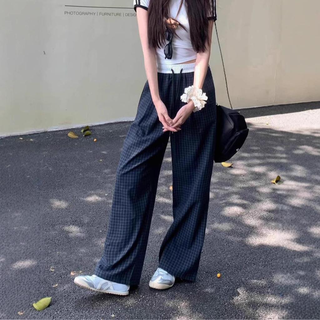 Women's Retro Plaid Wide-Leg High Waist Pants - Spring Casual Loose Fit
