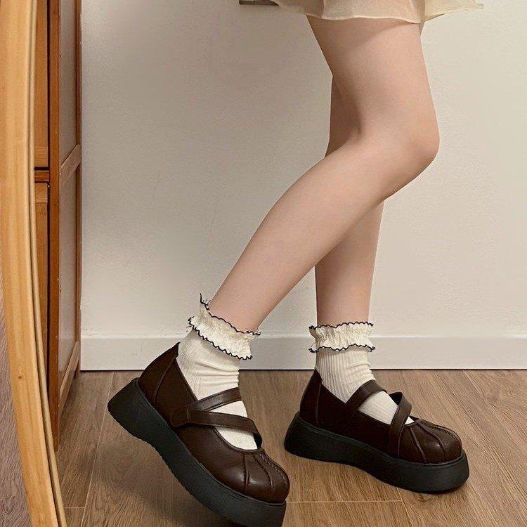 Brown French with Skirt Round Head Small Leather Shoes Women's 2024 New Summer Shallow Mouth Retro Thick Sole Mary Jane Single Shoes