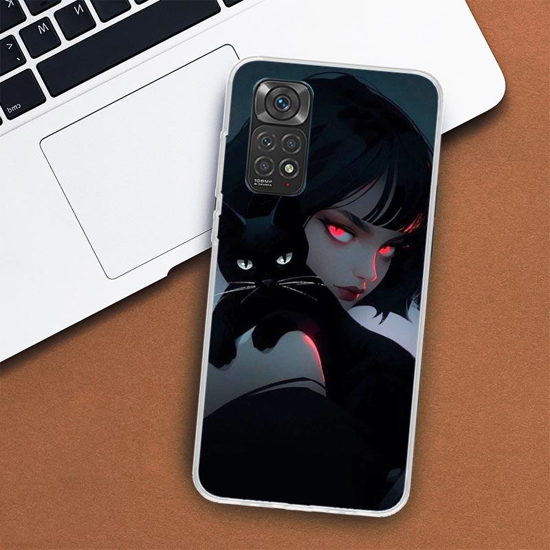Anime Girls Cute Black Cat Phone Case For Xiaomi Redmi Note 12 12S 11 11S 10 10S 9 9S 11T 11E Pro Plus 8 8T 7 5 9T + Coque Cover