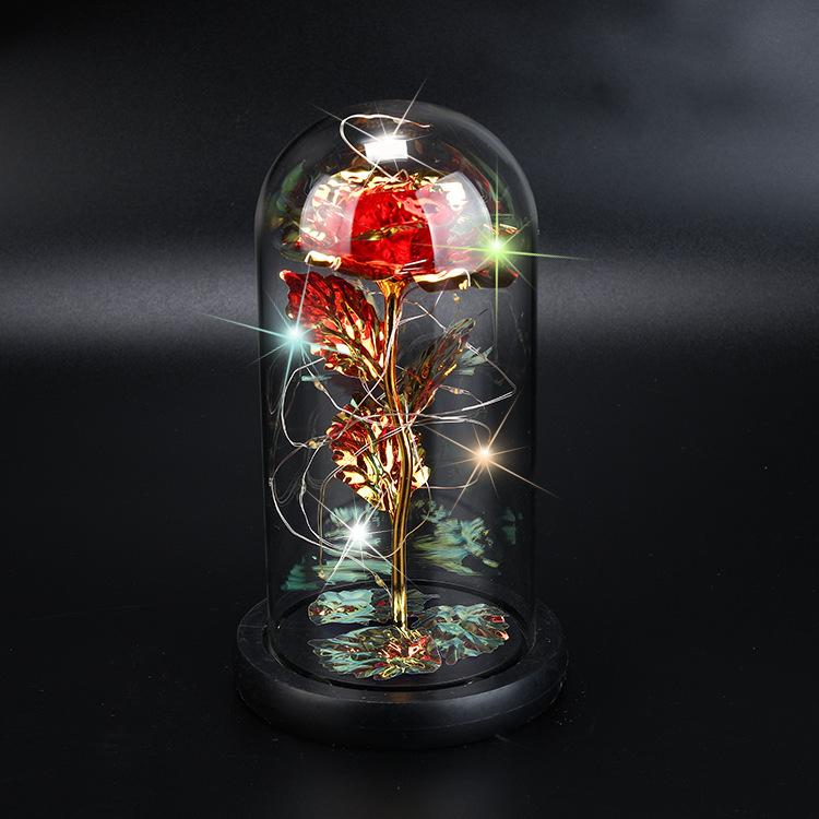 Eternal Flower Glass Cover Colored Gold Rose Bouquet with Lamp Ornament Valentine's Day Gift High-end Jewelry