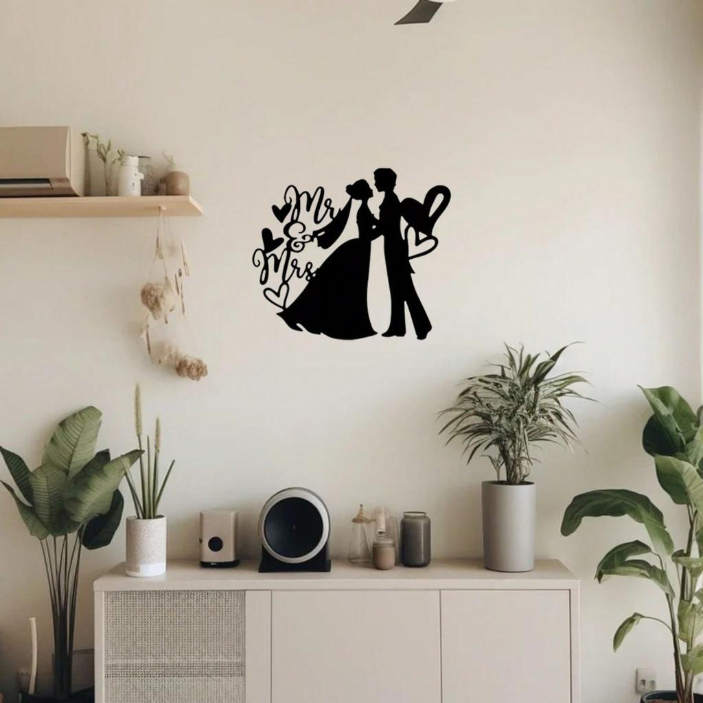 Metal Wall Art Valentine Bride & Groom Sign, Aesthetic Hanging Ornament, Wedding Metal Decor for Home Room