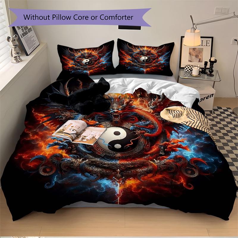 3pcs Flaming Dragon Yin Yang Bedding Set - 1 Soft Quilt Cover + 2 Pillowcases, Machine Washable - Suitable