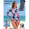 Women Long Sleeve One Piece Swimsuit Zip Front  Butterfly Flowers  Print Rash Guard Surfing Bathing Suit