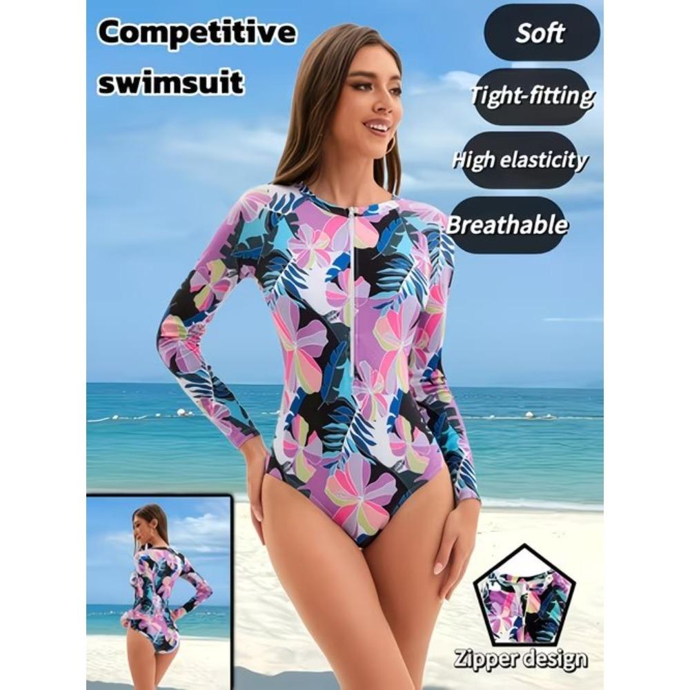 Women Long Sleeve One Piece Swimsuit Zip Front Butterfly Flowers Print Rash Guard Surfing Bathing Suit