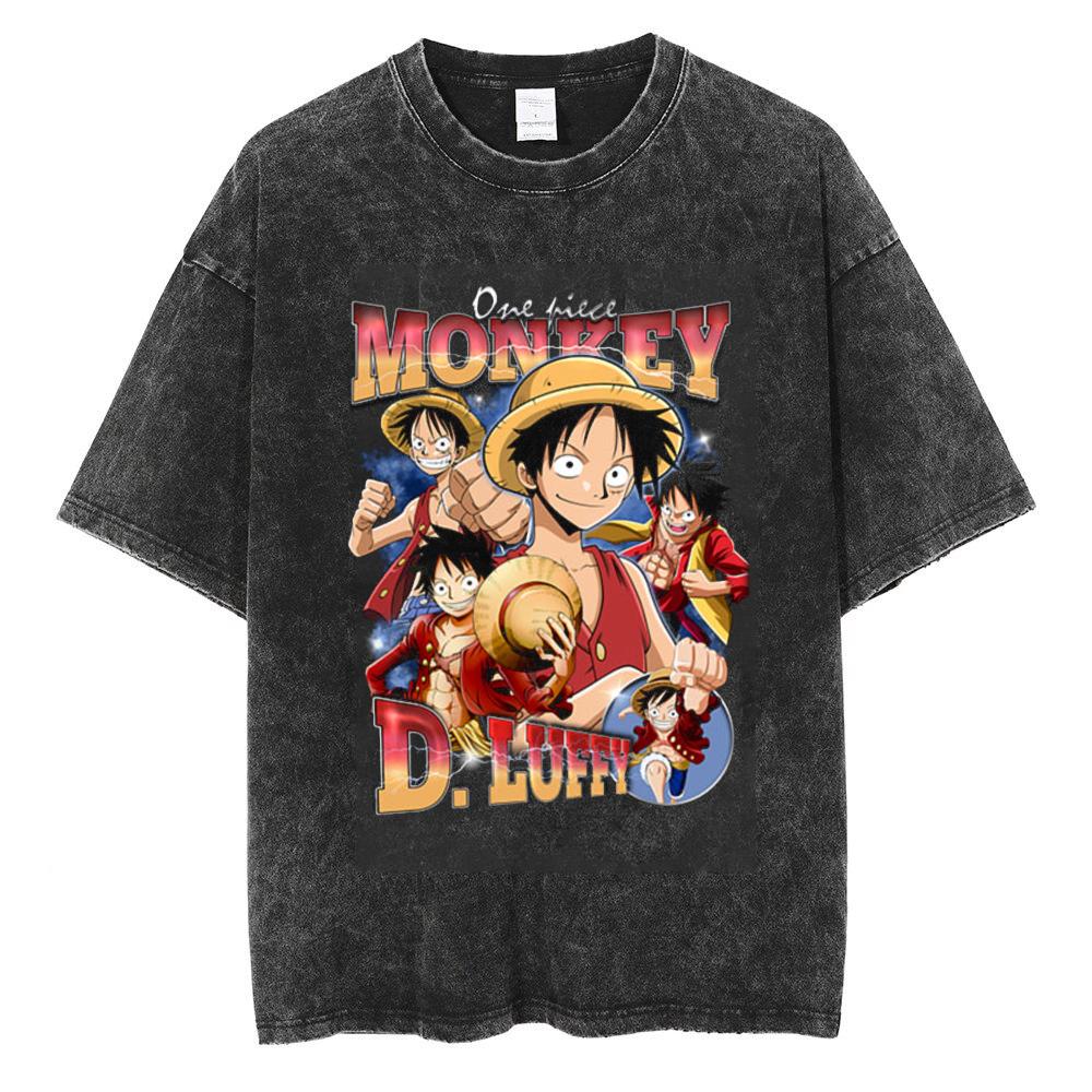Men Loose Hip Hop Vintage TShirt Cotton Casual Washed Black Harajuku Tshirt One Piece Anime Graphic Oversized Tops Tees