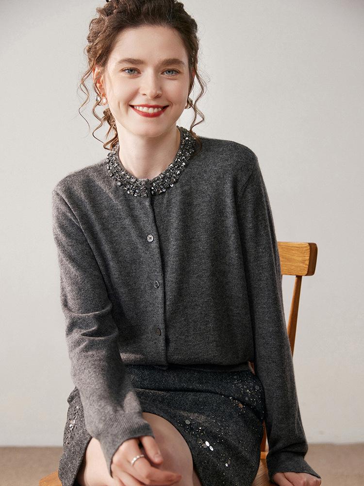 Women's Round Neck Cashmere Beaded Knit Cardigan - Autumn/Winter Solid Color Long Sleeve Versatile Fashion Sweater