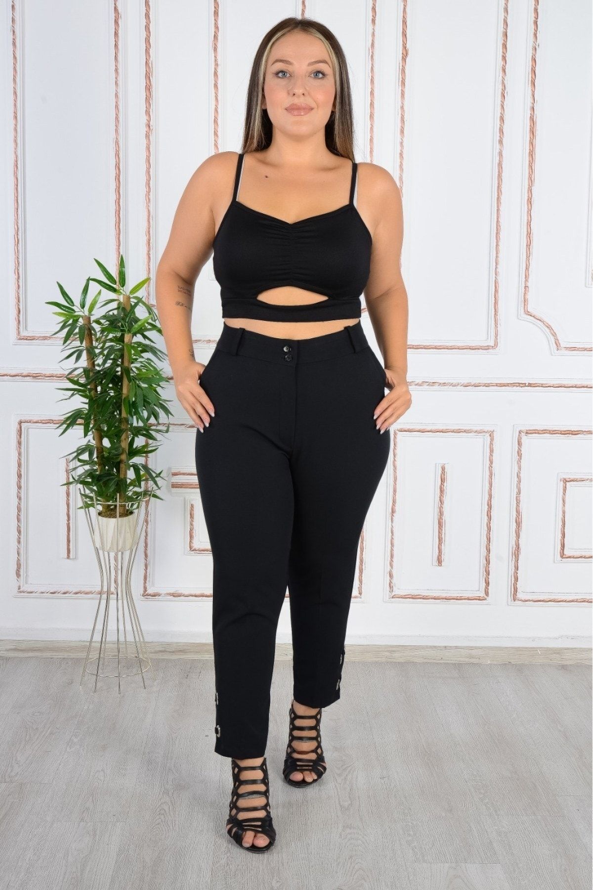 

Женские стильные брюки больших размеров с высокой талией, узкие брюки из гибкой ткани с узором «птичий глаз» на лодыжке