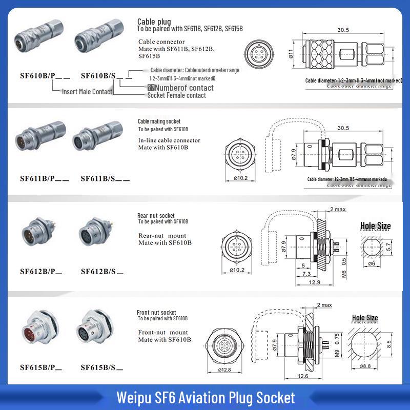 Weipu SF6 Aviation Plug with Front/Rear Nuts, IP67 Waterproof Weldable Connector.