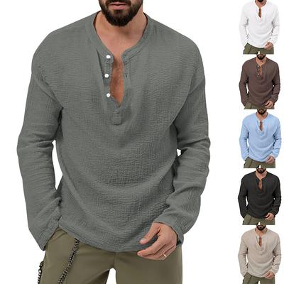 Neues Herbst Langarm T-Shirt Herren Lockerer Knopf V-Ausschnitt Top