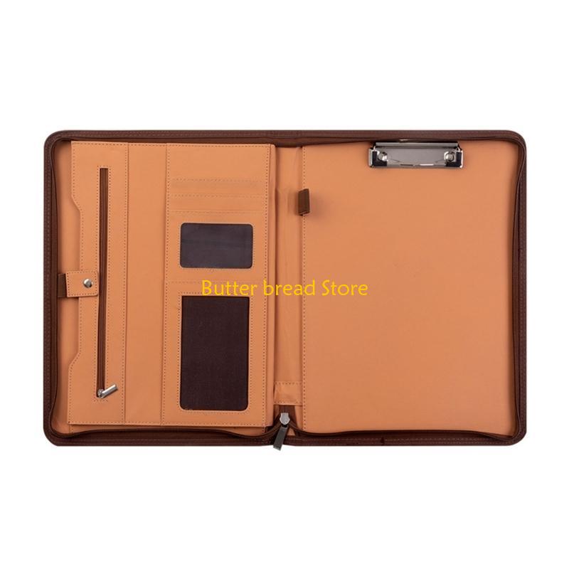 W89C Leather Conference Folder Zippered Business Document Case with Calculator Clipboard Multiple Pocket Card Holder Pen Slot
