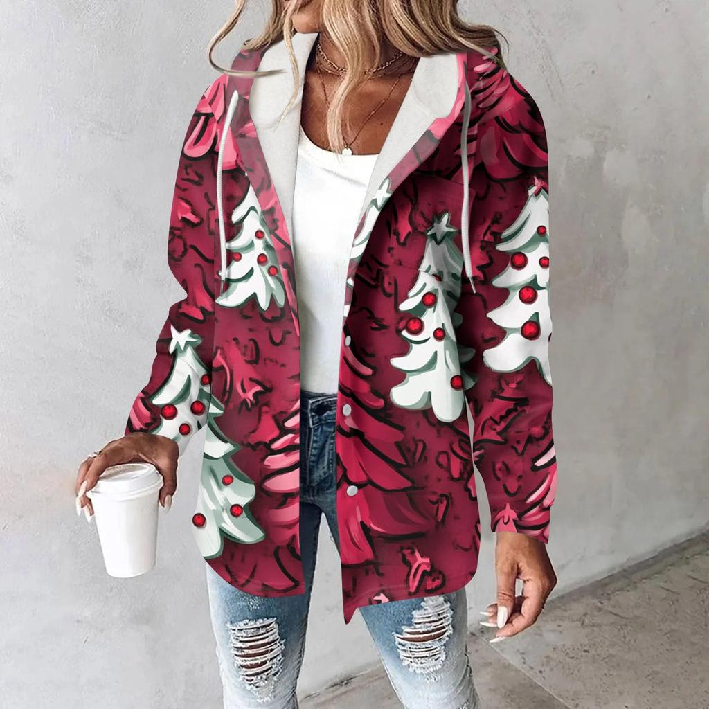 Hoodies For Women Winter Warm Sweatshirt Button Drawstring Hooded Print Jacket Coat