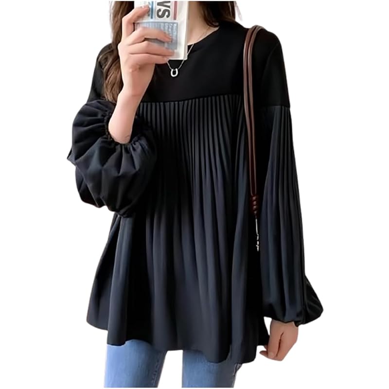 

[Meluse] blouse pleats bicolor tunic tops cuff rubber elegant spring summer autumn ladies cute beautiful Elegant Easy cool refreshing switching