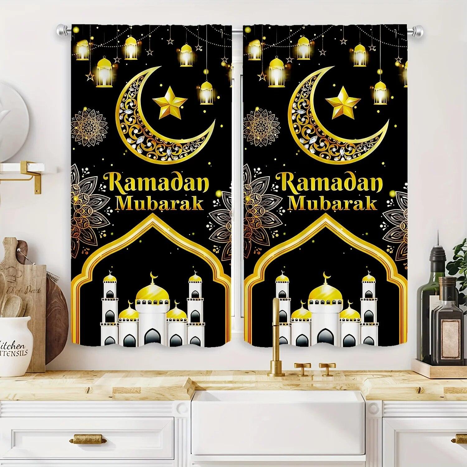 

1pc Ramadan Curtain Watercolor Lanterns Floral Golden Moon Rod Pocket Printed Drape Ramadan Decor W50xH130(CM)x2PCS-Rod pocket