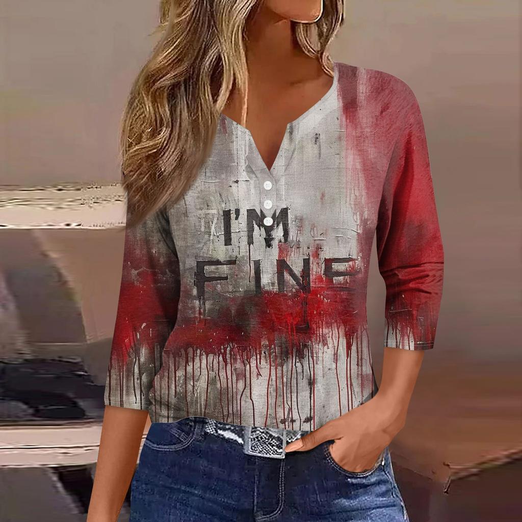 Damesmode Casual Halloween Print V-hals Korte Mouw Decoratieve Knop Driekwart Mouw T-shirt Top