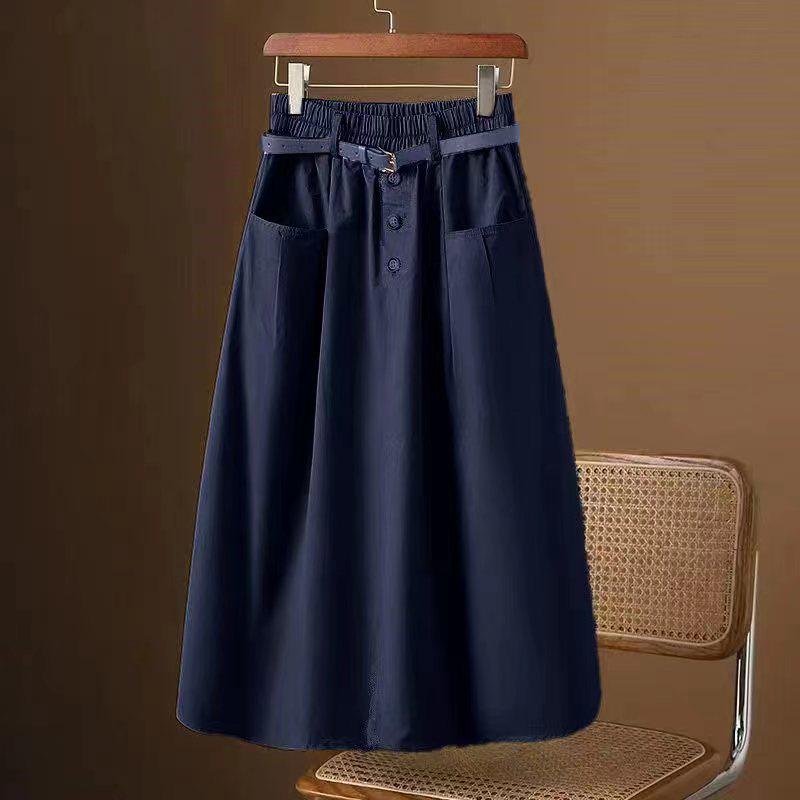 2024 Women's Elastic High Waist A-line Midi Skirt - Versatile Three-Button Casual Fashion
