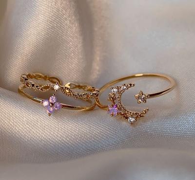2PCS Charm Simple Light Purple Cubic Zirconia Star Moon Design Open Ring Set Elegant Women's Dating Daily Jewelry