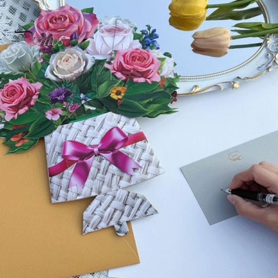 3D Pop Up Flower Bouquet Card Paper Flower Vase Greeting Cards for Mother's Day Congratulations Graduation Anniversary Birthday