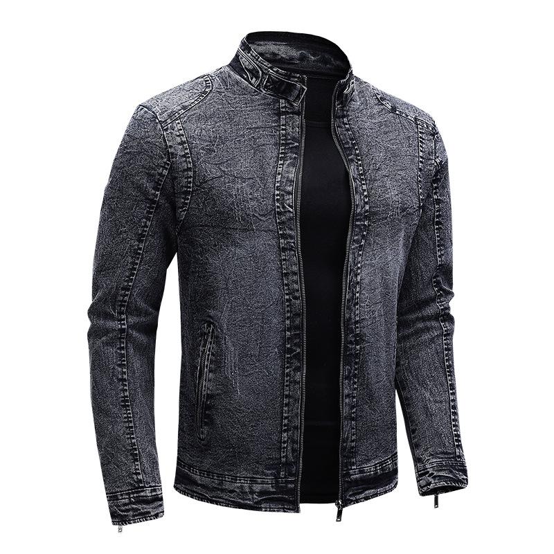 Męska kurtka jeansowa Slim Fit Elastic Denim z aksamitną podszewką - kołnierzyk typu stójka, modna odzież codzienna na jesień/zimę