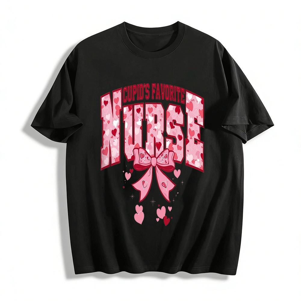Cupid s Favorite Nurse Heart Bow Print Casual Top Pure cotton T-shirt XXS