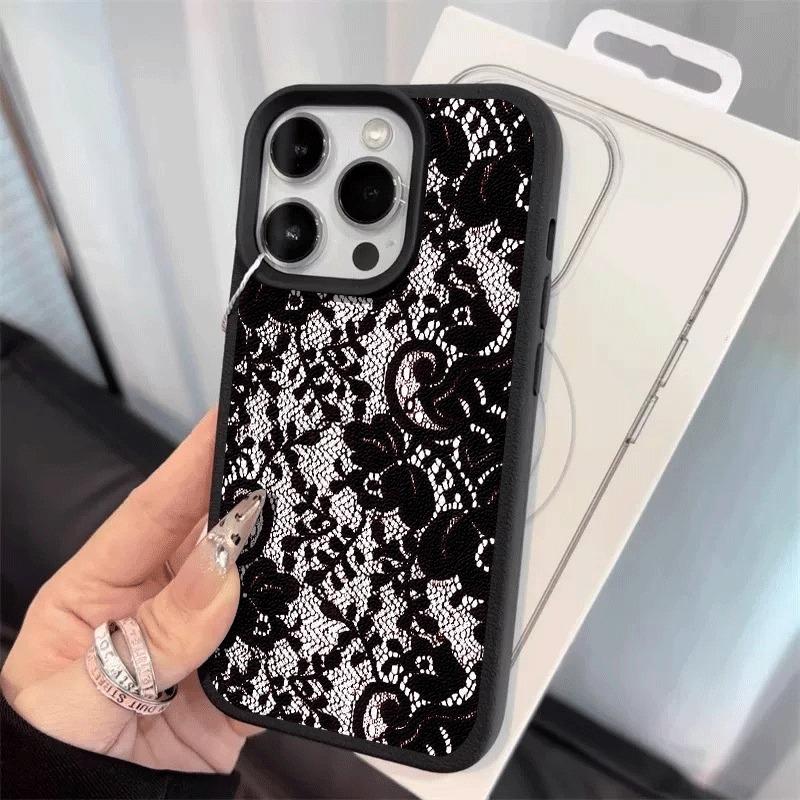 Creative Black Lace Pattern Lychee Texture Phone Case, Suitable for iPhone 17, 16, 15, Plus, Pro, Max Series Phones—Can Be Used As a Gift