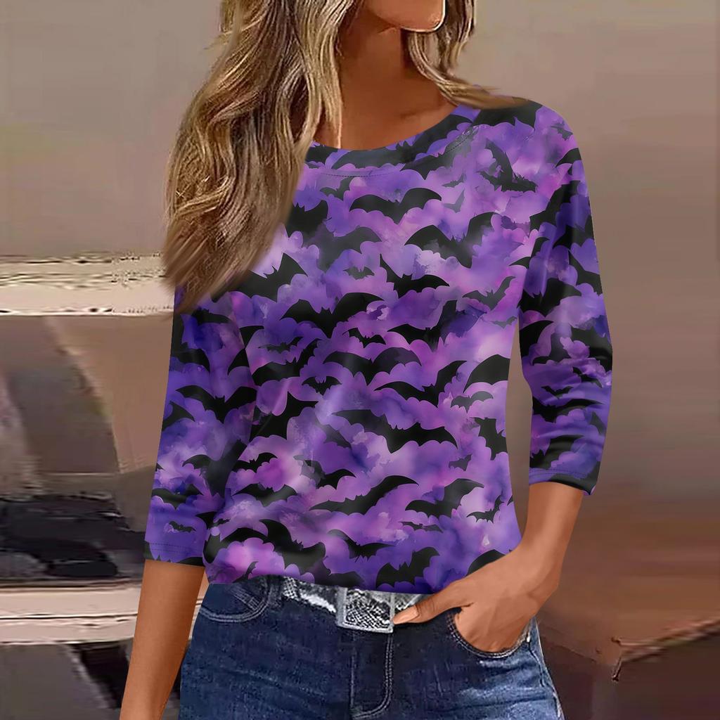 Women 3/4 Sleeve Casual Loose Fit Shirt Round Neck Halloween Pumpkin Print T-Shirt Top for Everyday Wear