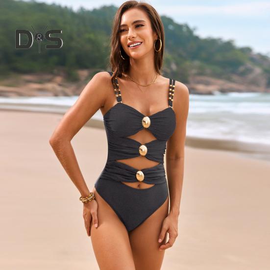 Women Monokini Sling Hollow Design One-piece Swimsuit with Metal Buckles Patchwork Color Sexy Beachwear
