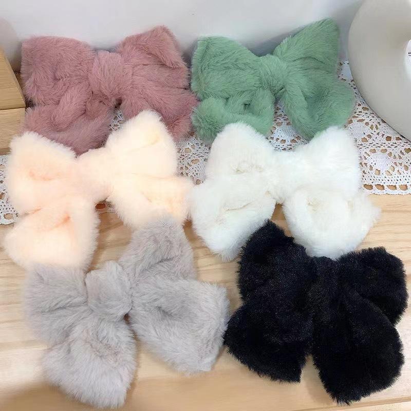 Nuova Pinza per Capelli con Fiocco in Peluche Carino Invernale, Pinzette a Fiocco Semplici Colorate Solide Coreane, Grande Fermaglio per Capelli per Bambine