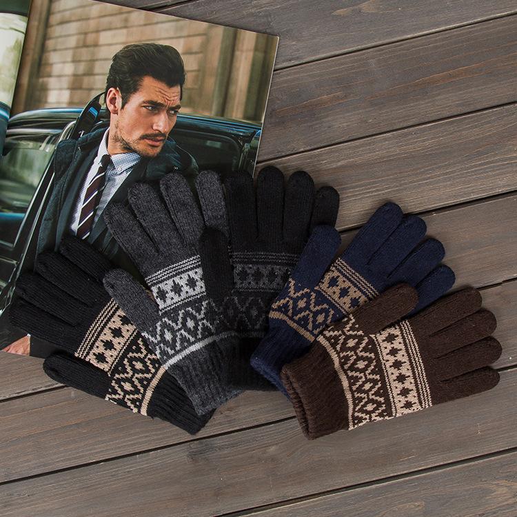 New Winter Men's Cold-proof and Warm Gloves for Riding with Fuzzy Knitted Full Finger Jacquard