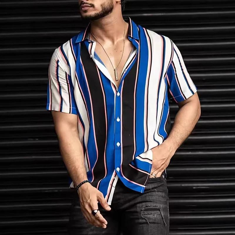 Minimalist Stripe Pattern Printed Men's Shirts Outdoor Leisure Fashion Breathabl  Short Sleeve Tee Summer Minimalist Men Clothes