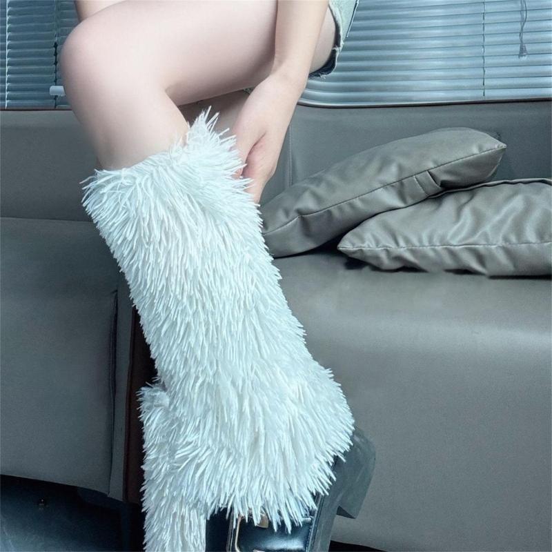 Rainbow Plush Leg Warmer for Trendy Party Costume Colorful Furry Fuzzy Boot Covers Leg Gaiters Footless Socks Streetwear
