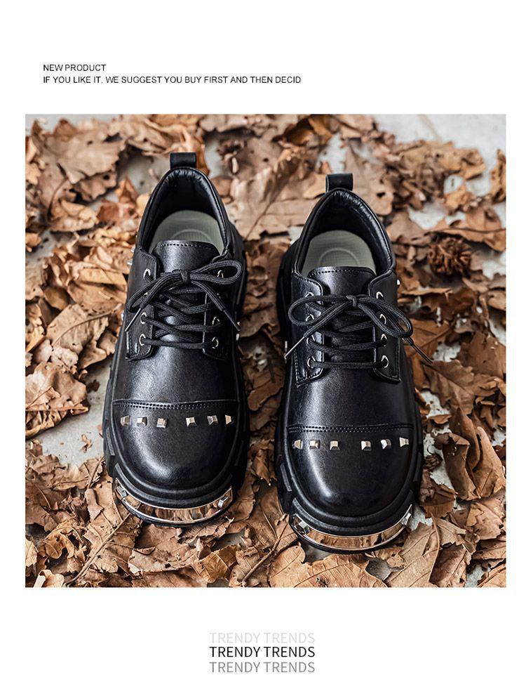 2025 Autumn Men's Black Derby Shoes - Korean Style Trendy Casual Leather with Height Increasing Thick Sole