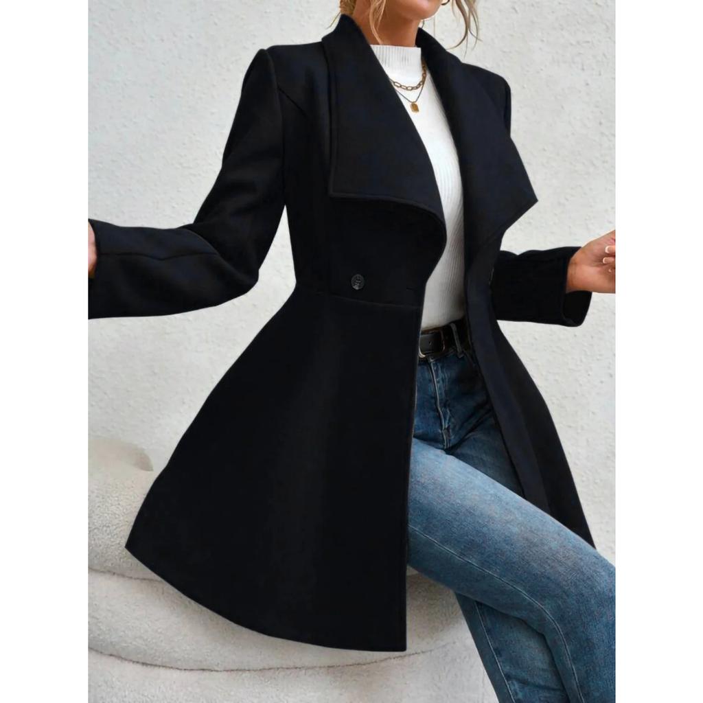 Autumn Winter Women's Notched Lapel Wool Coat, Double-Breasted Trench Style Overcoat with Solid Color Design, Elegant Outerwear for Office & Commute