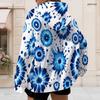 Women Plus Size Zip Up Hoodie Long Sleeve Drawstring Hood Blue White Tie Dye Print With Pockets