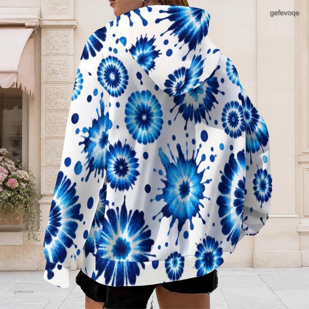 Women Plus Size Zip Up Hoodie Long Sleeve Drawstring Hood Blue White Tie Dye Print With Pockets