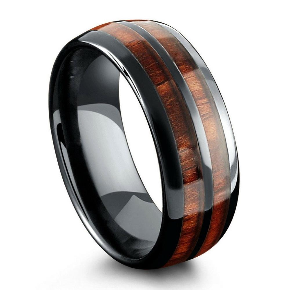 Luksus menn 8mm koa tre innlegg titan giftering for menn kvinner Dome polert rustfritt stål forlovelsesring menn bryllup band