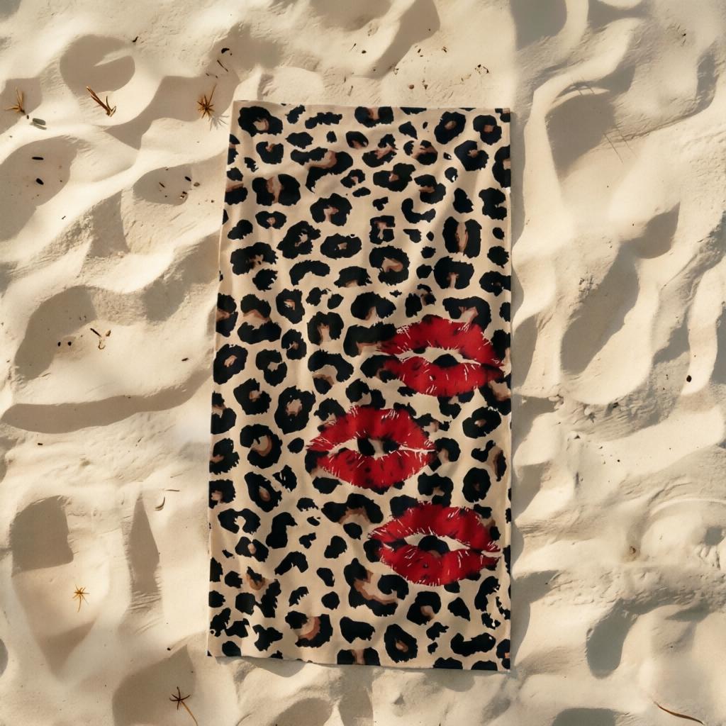 1PC Oversized Leopard Print Red Lips Beach Towel, Sand-Free Quick-Dry Soft Absorbent, Portable for Beach, Pool, Travel, Yoga