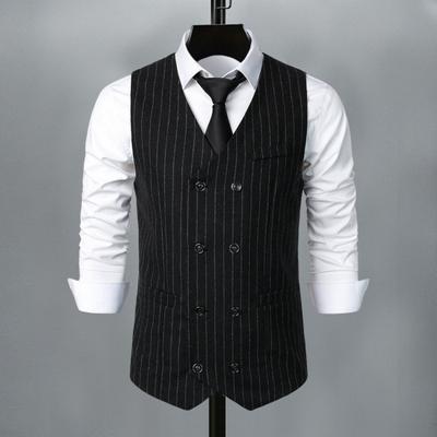 Chaleco de traje para hombre, cuello en V, sin mangas, a rayas, cruzado, con bolsillos de parche estampados, chaleco de negocios para bodas