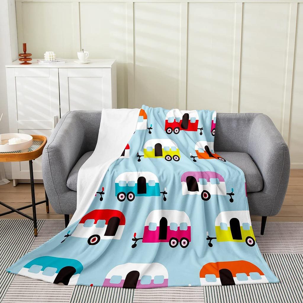 Cute Campervan Campfire Blanket Cartoon Food Digital Printed Flannel Blanket Rv Decorative Blanket