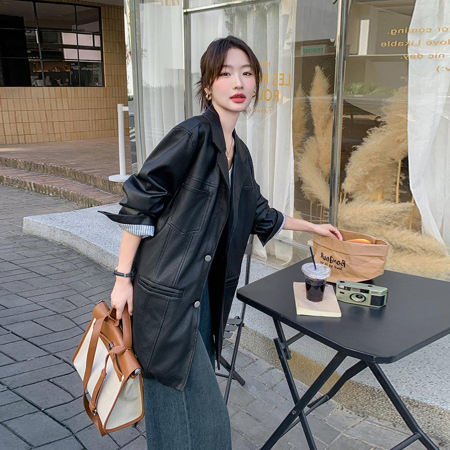 Spring and Autumn New Small Popular Jacket Super Good-looking Black Leather Jacket Women's Medium and Long
