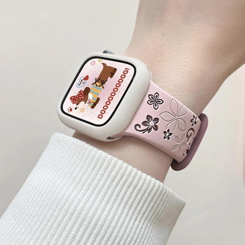 3D Floral Engraved Silicone Sport Strap Band For Apple Watch Ultra 2 49mm S10 11 42 46mm 44 45 41 38 40mm iWatch SE 9 8 7 6 5 3