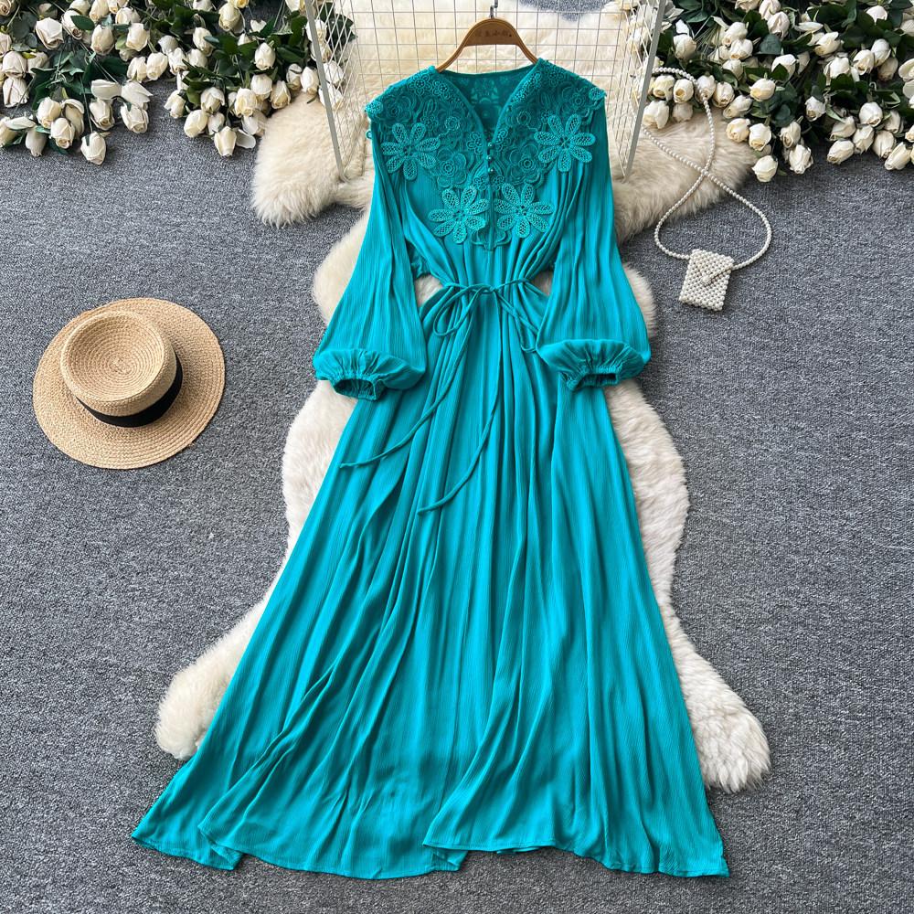 Retro elegant wind lantern sleeves V-neck lace splicing dress women's waist and thin temperament long dress