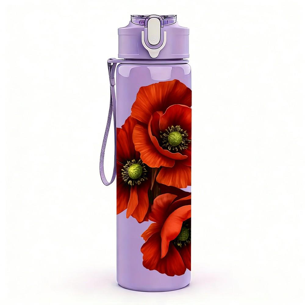 1PC Red Poppy Flower Bouquet Print 750ml Color Plastic Sports Water Bottle Leakproof Flip Straw Lid Suitable for Sports Office Home Use