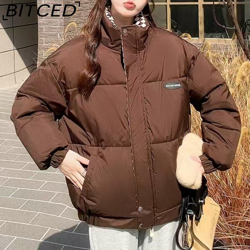 BITCED Stylish Niche Checkered Pattern Thickened Puffer Jacket for Women Mid-Length Winter Cotton Coat