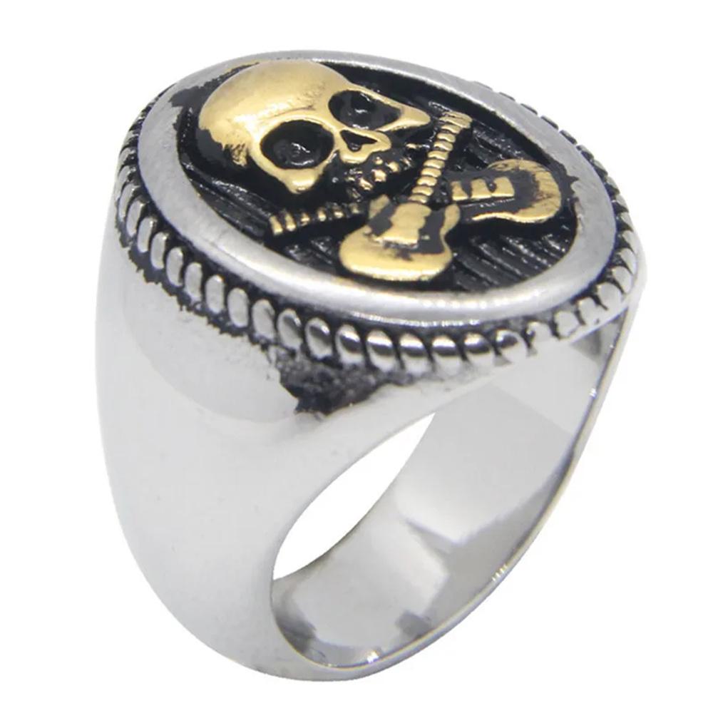 Golden Silver Guitar Skull Solid Ring 316L Stainless Steel Rock Man Punk Ring Size 7-14