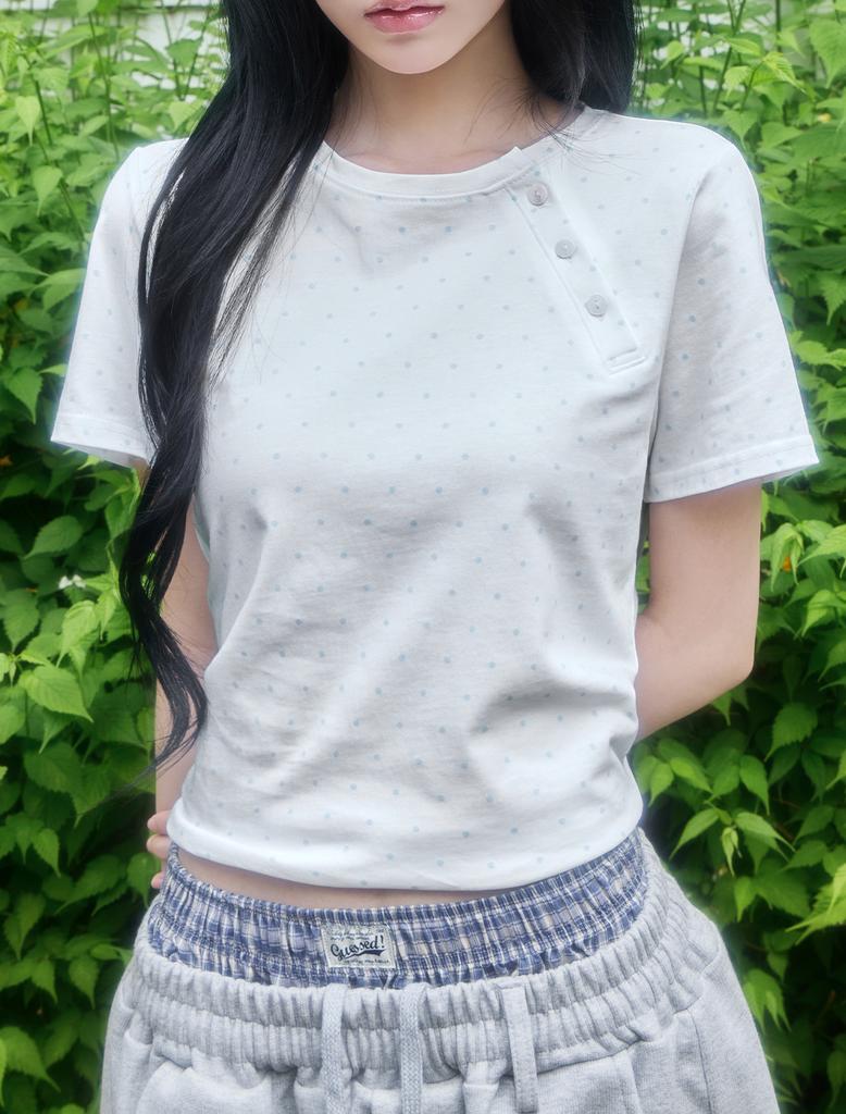 Lupeu Dot Angel Diagonal Button Short Sleeve T-Shirt Ivory + Blue Dots