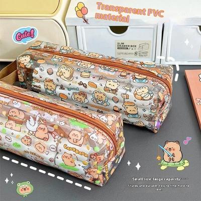 Bolsa de Lápis de PVC de Capivara Urso Desenho Animado Fofo Estojo Transparente de Grande Capacidade Bolsa de Armazenamento para Material Escolar Caixa de Material Escolar Suprimentos