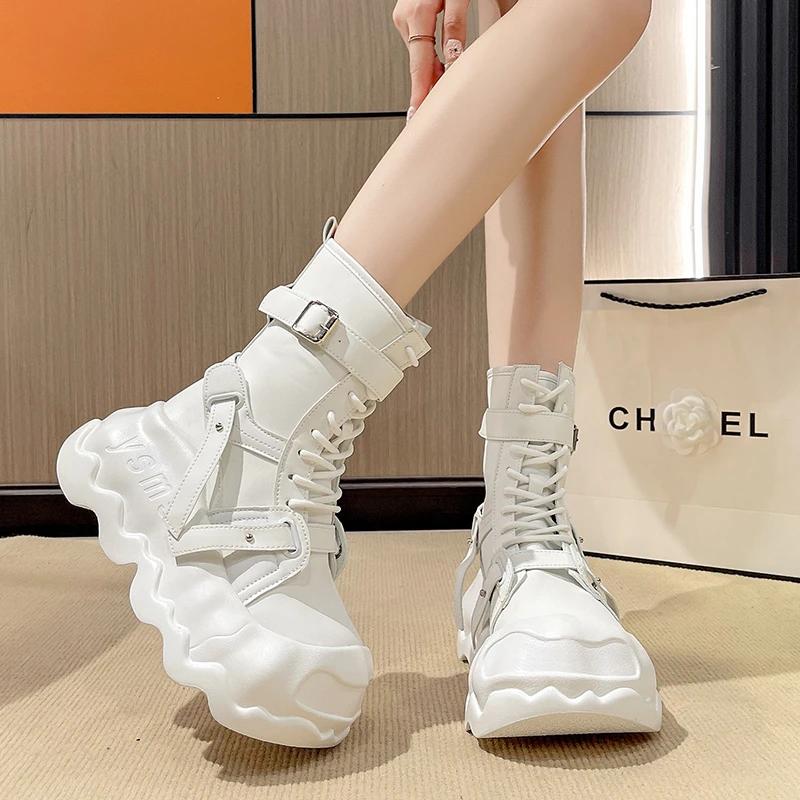 Fashion 8CM Fashion Women's Leather Punk Style Ankle Boots Autumn Winter Heels Chunky Sneakers High Platform Zip Motorcycle Boots Woman