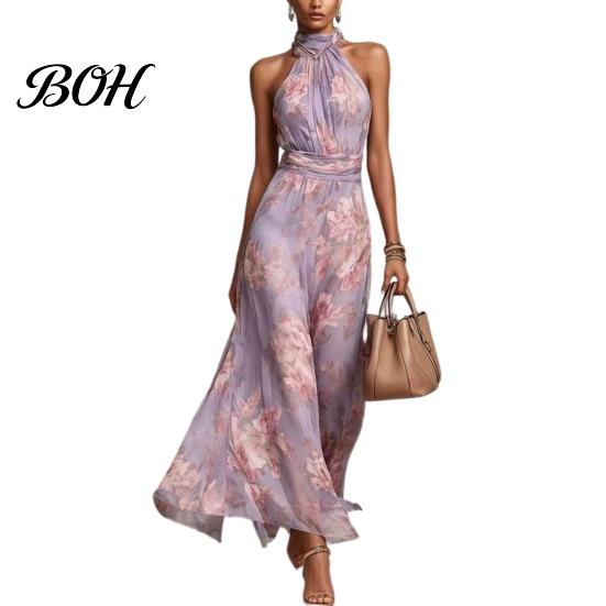 Halter Neck Dress Floral Chiffon for Women, Sleeveless Ruched Maxi Green Print Dress, Turtle Wedding Guest Cocktail Evening Waist Slimming